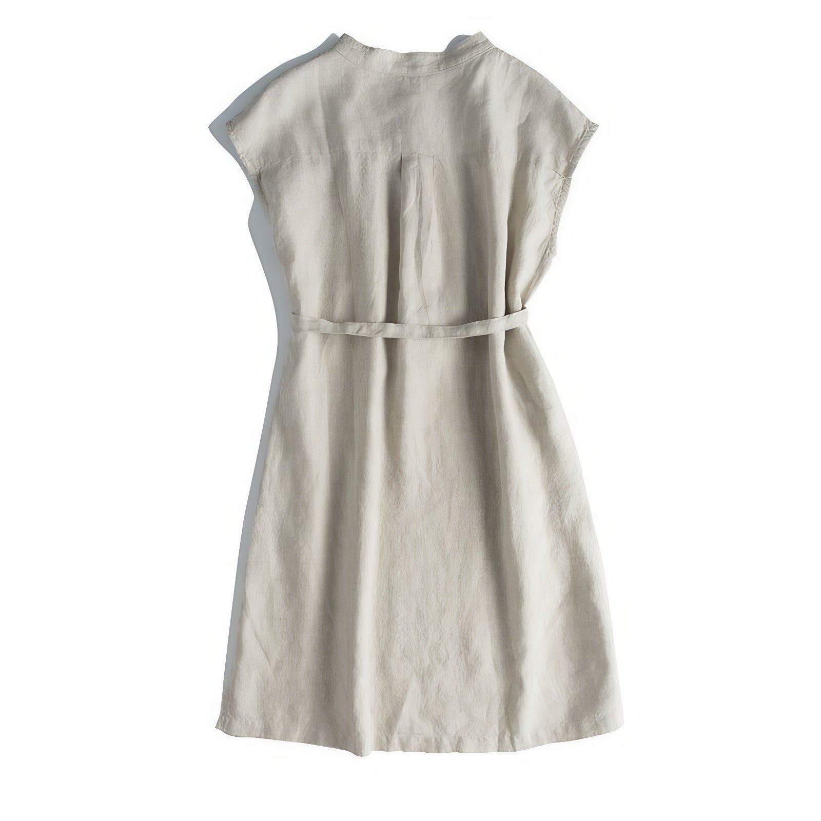 Back view of minimalist stand collar linen dress with adjustable belt